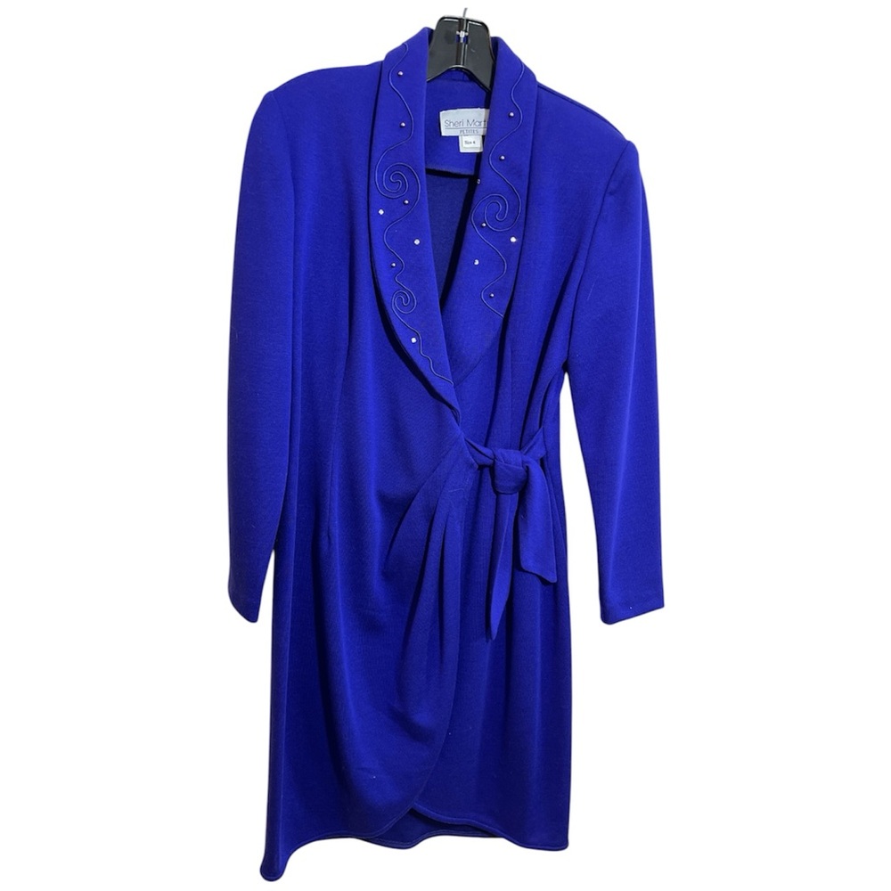 Vintage Sheri Martin Purple Long Sleeve Bejeweled V Neck Wrap Dress Size 4